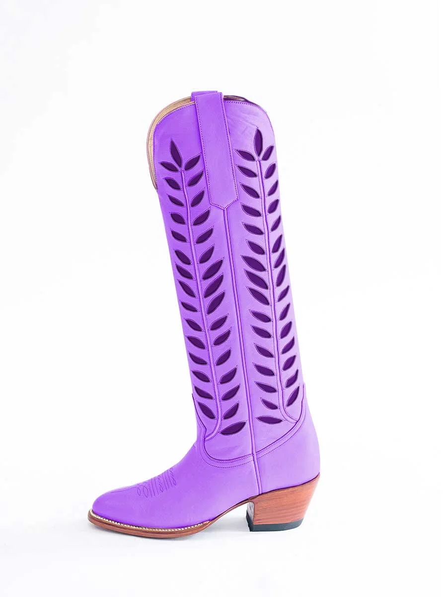 Purple Snip Toe Leaves Pattern Knee Cowgirl Boots with Chunky Heels