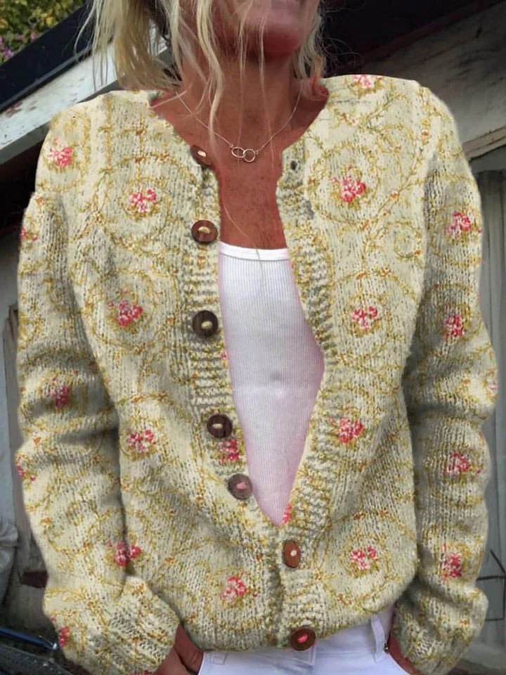 Women's Vintage Lovely Floral Art Print Buttoned Cardigan Sweater