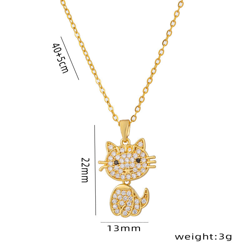Design Kt Cat Pendant Necklace Micro Inlaid Zircon Copper Plated 18 Gold All-Match Clavicle Chain