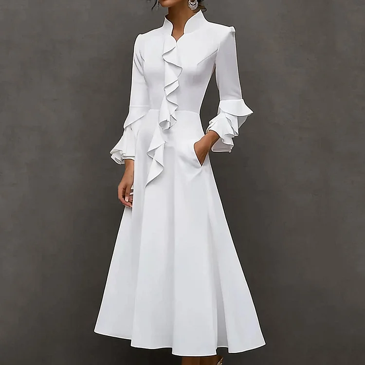 Elegant Solid Stand Collar Ruffle Sleeve Pocket Maxi Dress