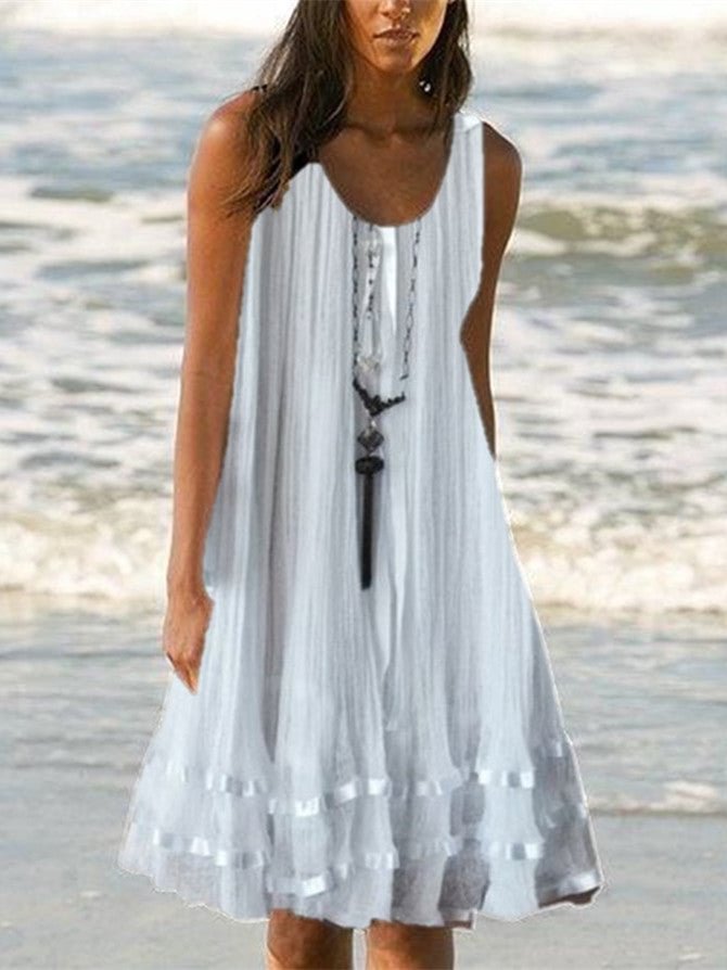 Women Scoop Neck Sleeveless Solid Color Dress