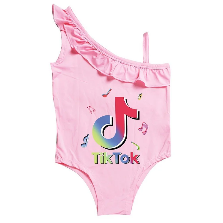 Mayoulove TikTok Print Little Girls Pink Purple Ruffle One Piece Swimsuit-Mayoulove