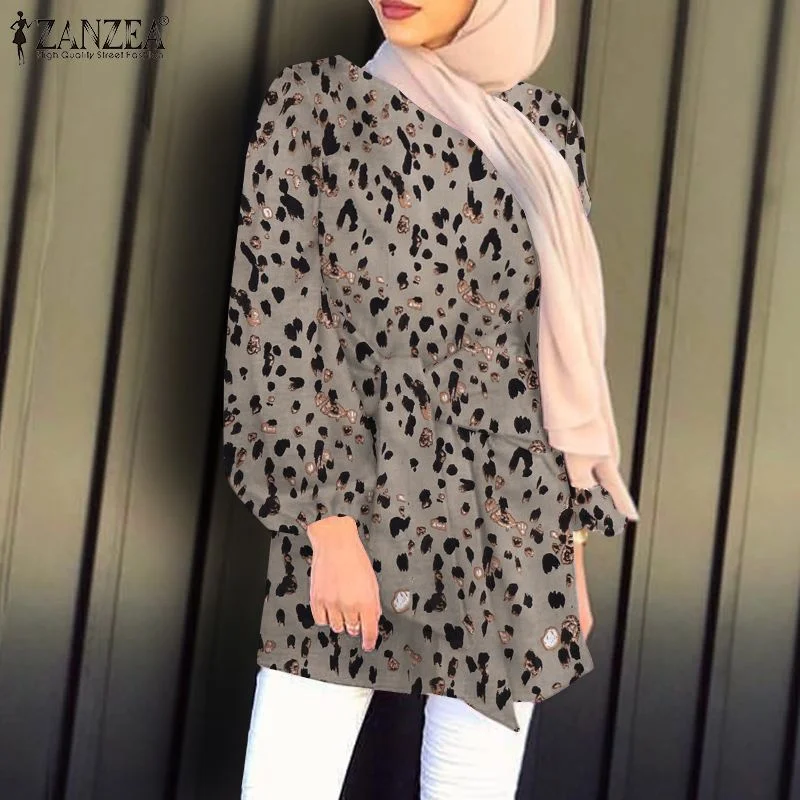 Women Casual Leopard Printed Blouse ZANZEA Elegant Party Muslim Shirt 2022 Long Sleeve Belted Chemise Dubai Turkey OL Tunic Tops
