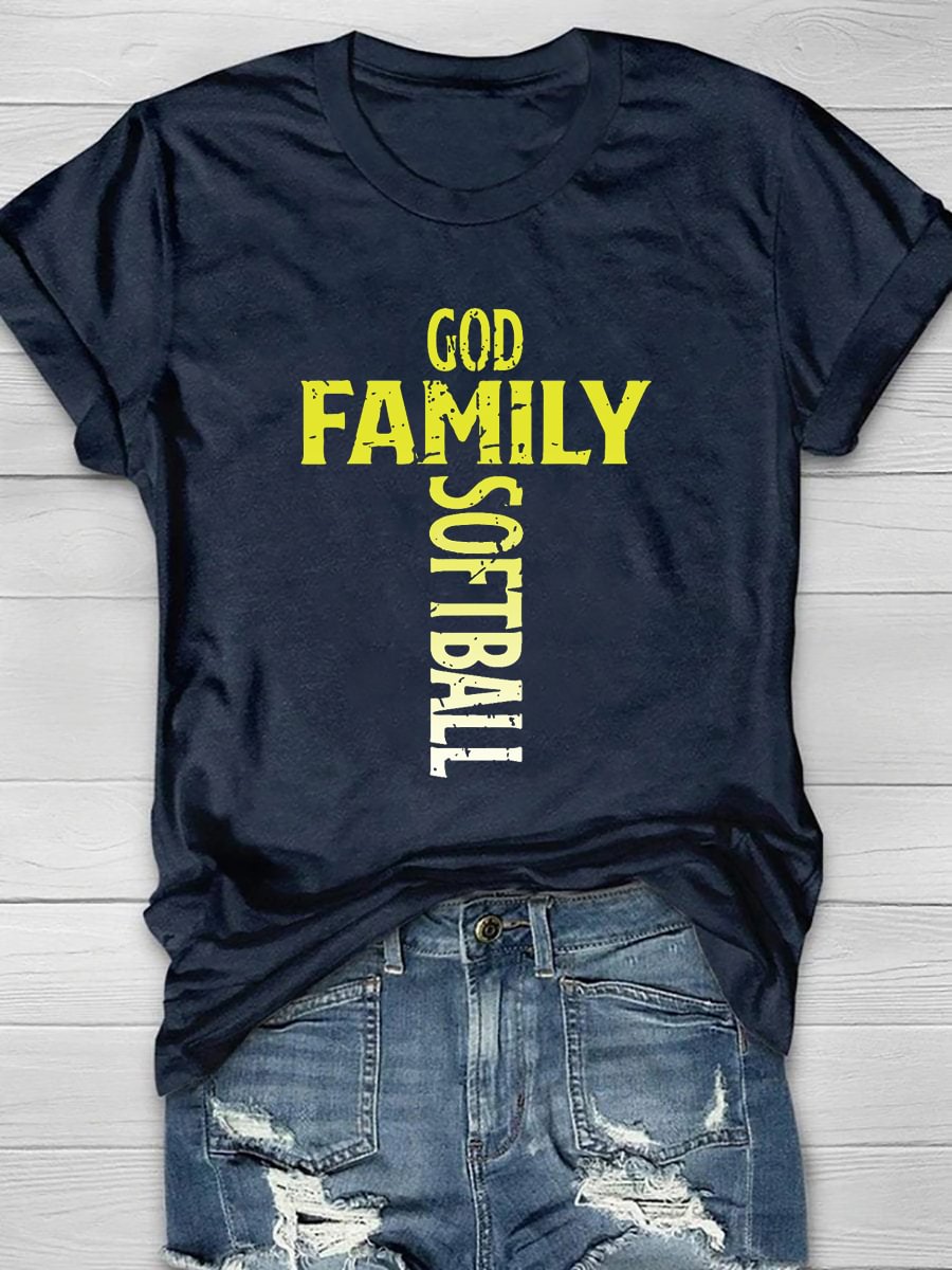 God Family Softball Print Short Sleeve T-Shirt