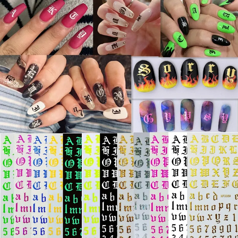 12Pc/Set Nail Sticker Letter Number Nail Designs White Black Laser Gold Silver Stickers Wrap Tips Decoration Acrylic Nails Tool-Nail Inspo