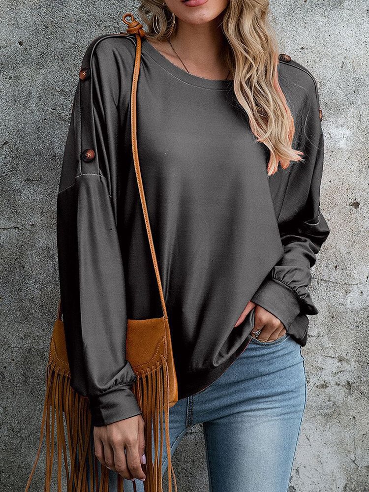 Button Solid Color Long Sleeve O neck Casual Blouse For Women P1761729
