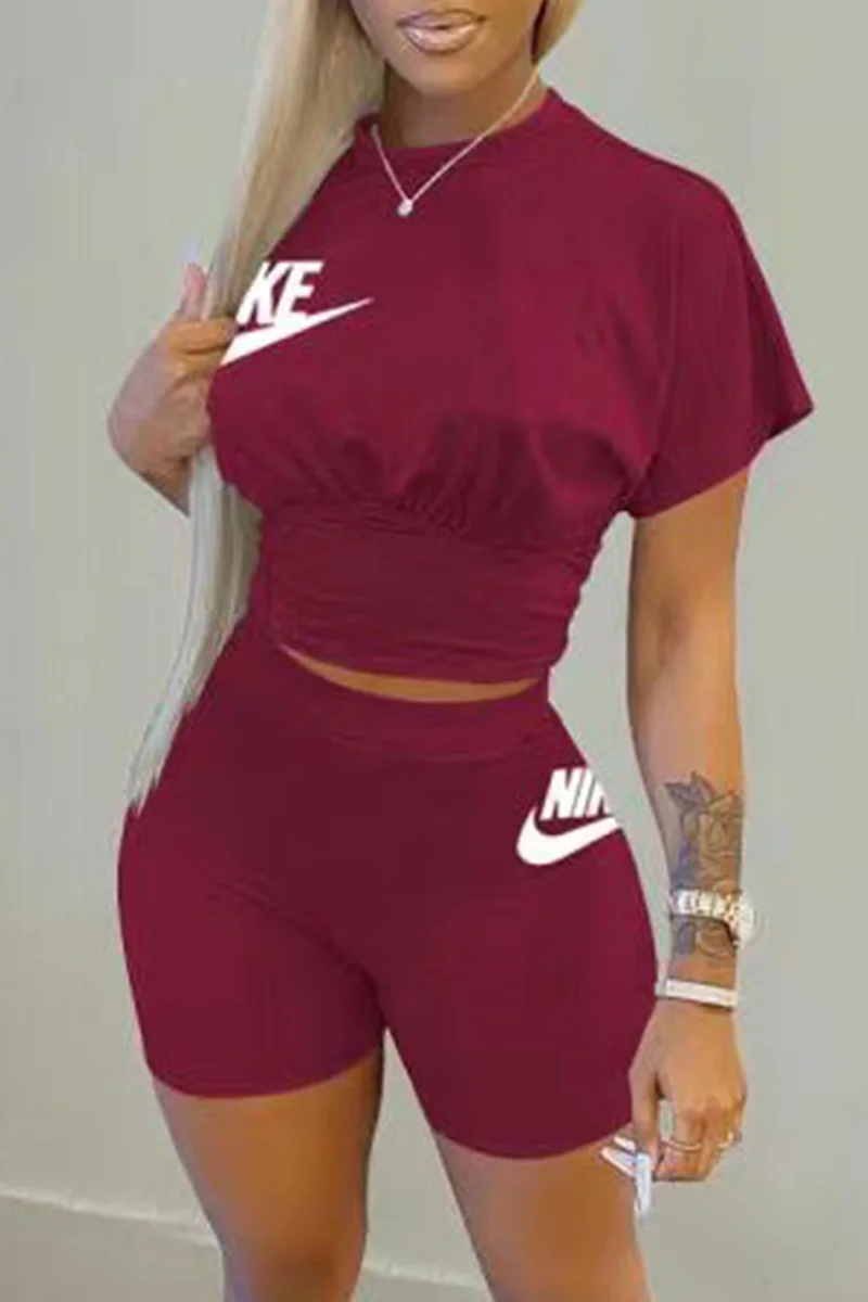 Burgundy Fashion Casual Letter Print Basic O Neck Short Sleeve Two Pieces