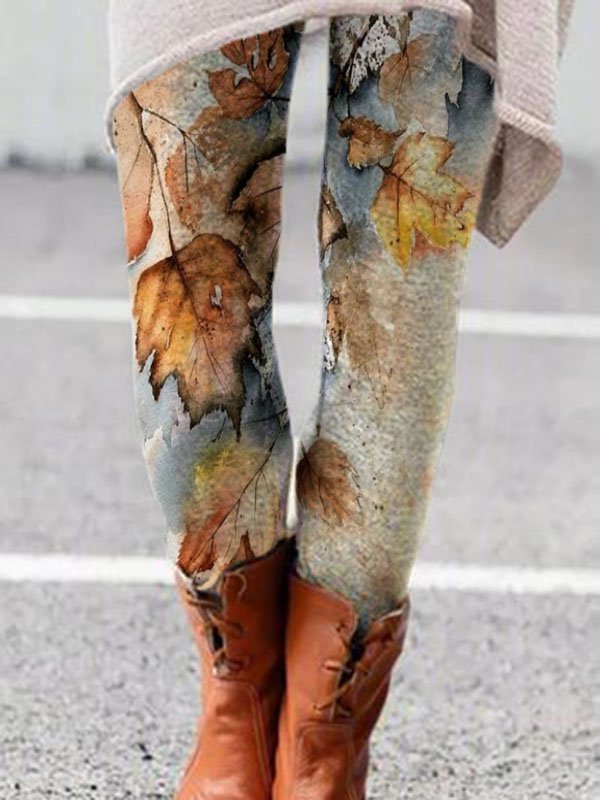 Casual Leaves Printed Sheath Leggings B137- Fabulory