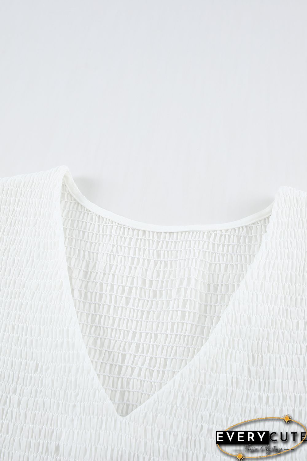 White Solid Smocked Short Sleeve V Neck Mini Dress