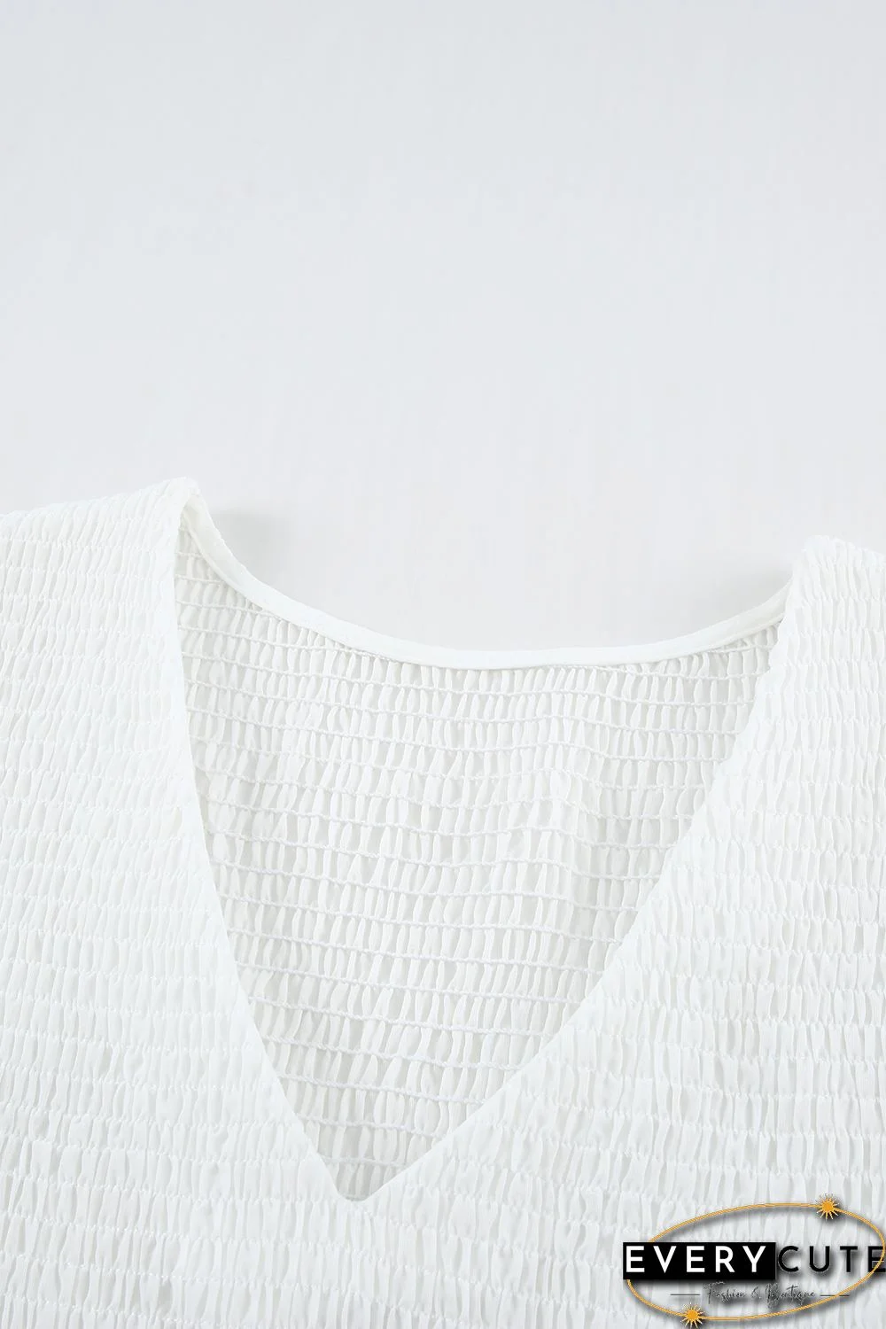 White Solid Smocked Short Sleeve V Neck Mini Dress