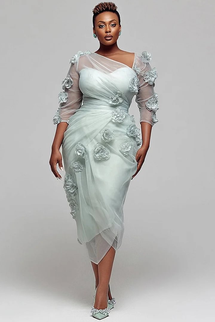 Xpluswear Design Plus Size Cocktail Party Sage Green Round Neck Half Sleeve 3D Bodycon Chiffon Midi Dresses 2024 - Xpluswear