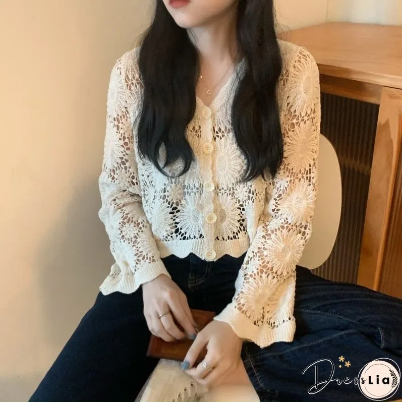 Christmas Gift Women Blouses Solid Shirts Hollow Out V-neck Spring Autumn Long Sleeve Tops