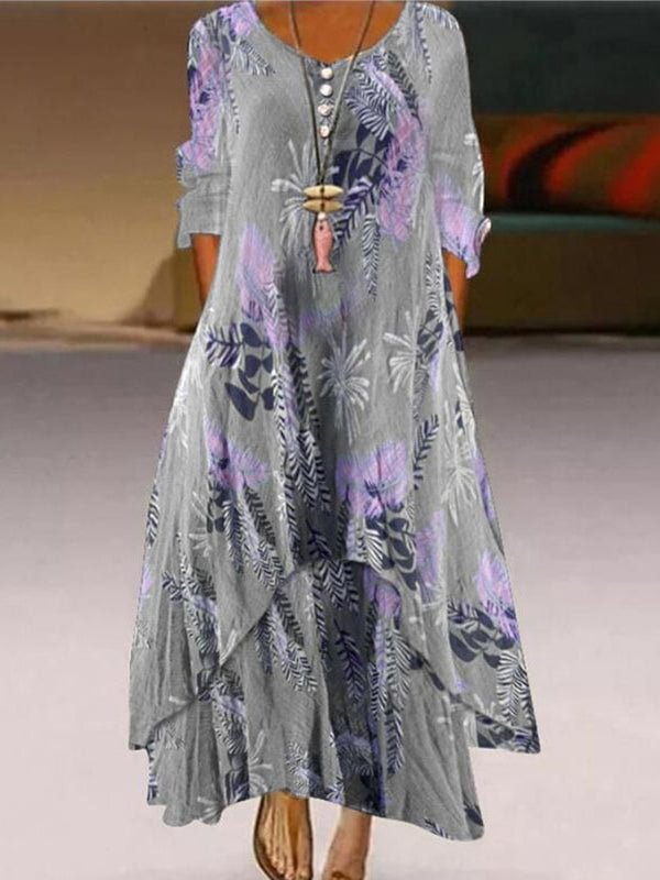 Round Neck Leaf Printed Long Sleeve Dress
