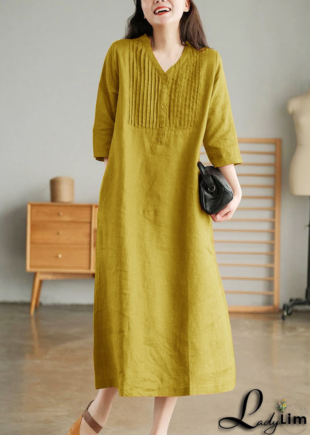 Grey Print6 Loose Linen Long Dresses Button Solid Half Sleeve