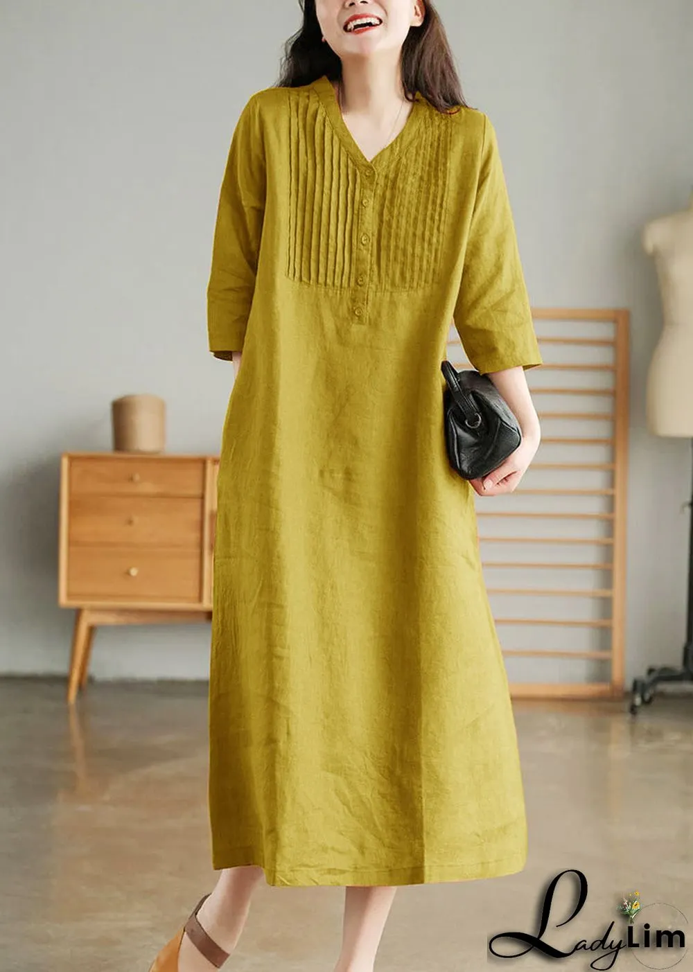 Grey Print6 Loose Linen Long Dresses Button Solid Half Sleeve