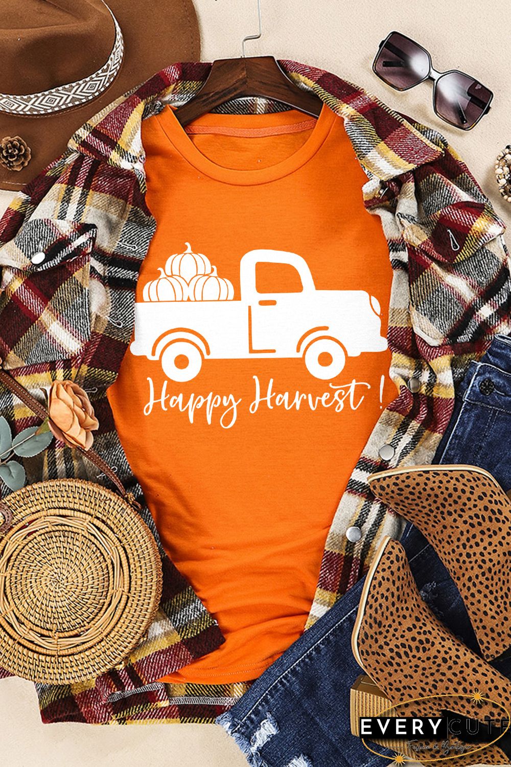 Orange Happy Harvest Pumpkin Truck Print Graphic T Shirt
