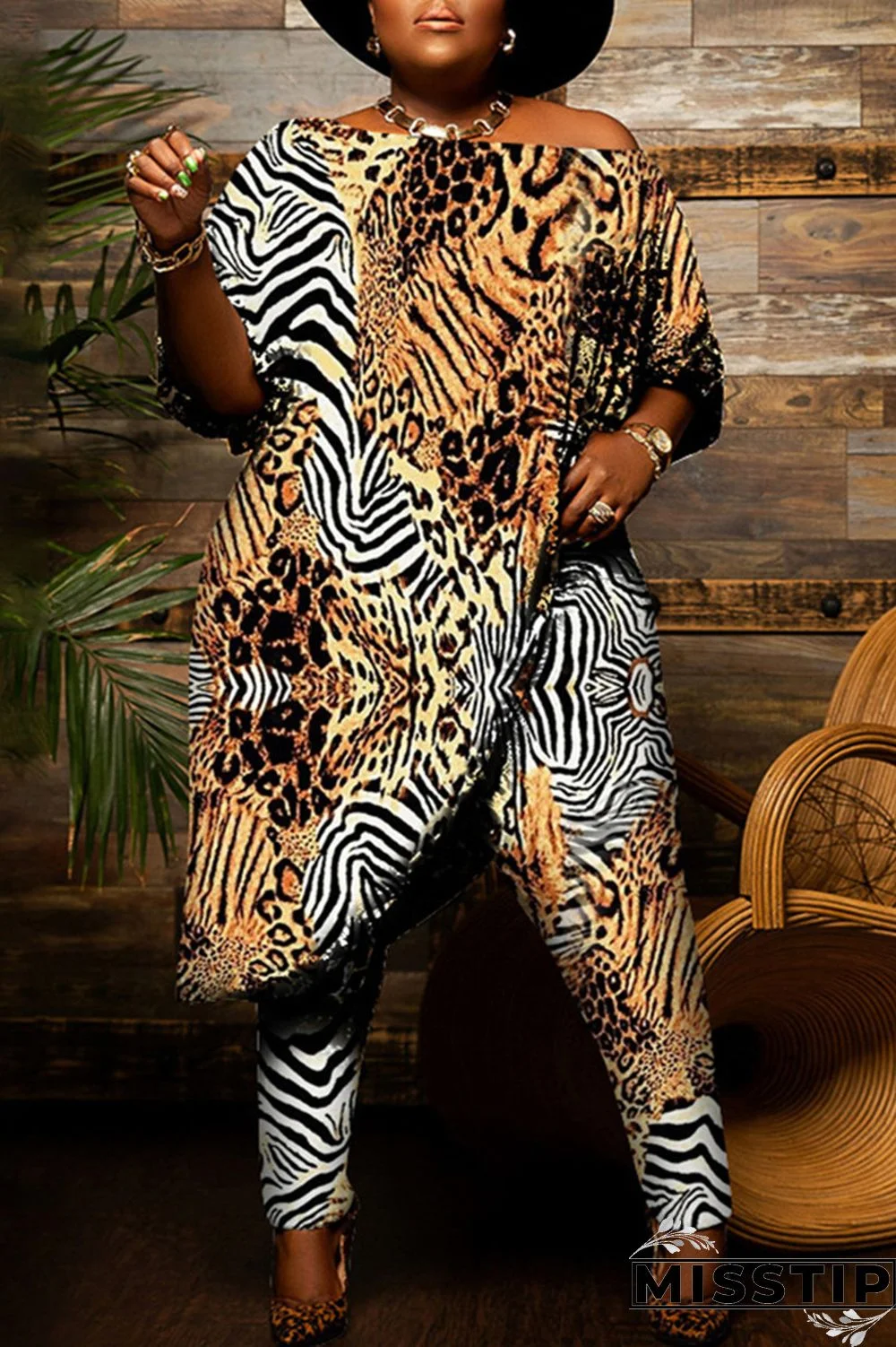 Leopard Print Fashion Casual Print Asymmetrical Off the Shoulder Plus Size Two Pieces