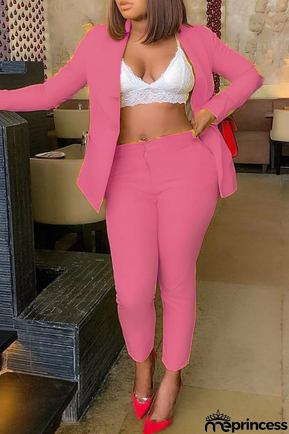 Yellow Fashion Casual Solid Cardigan Pants Turn-back Collar Long Sleeve Two Pieces