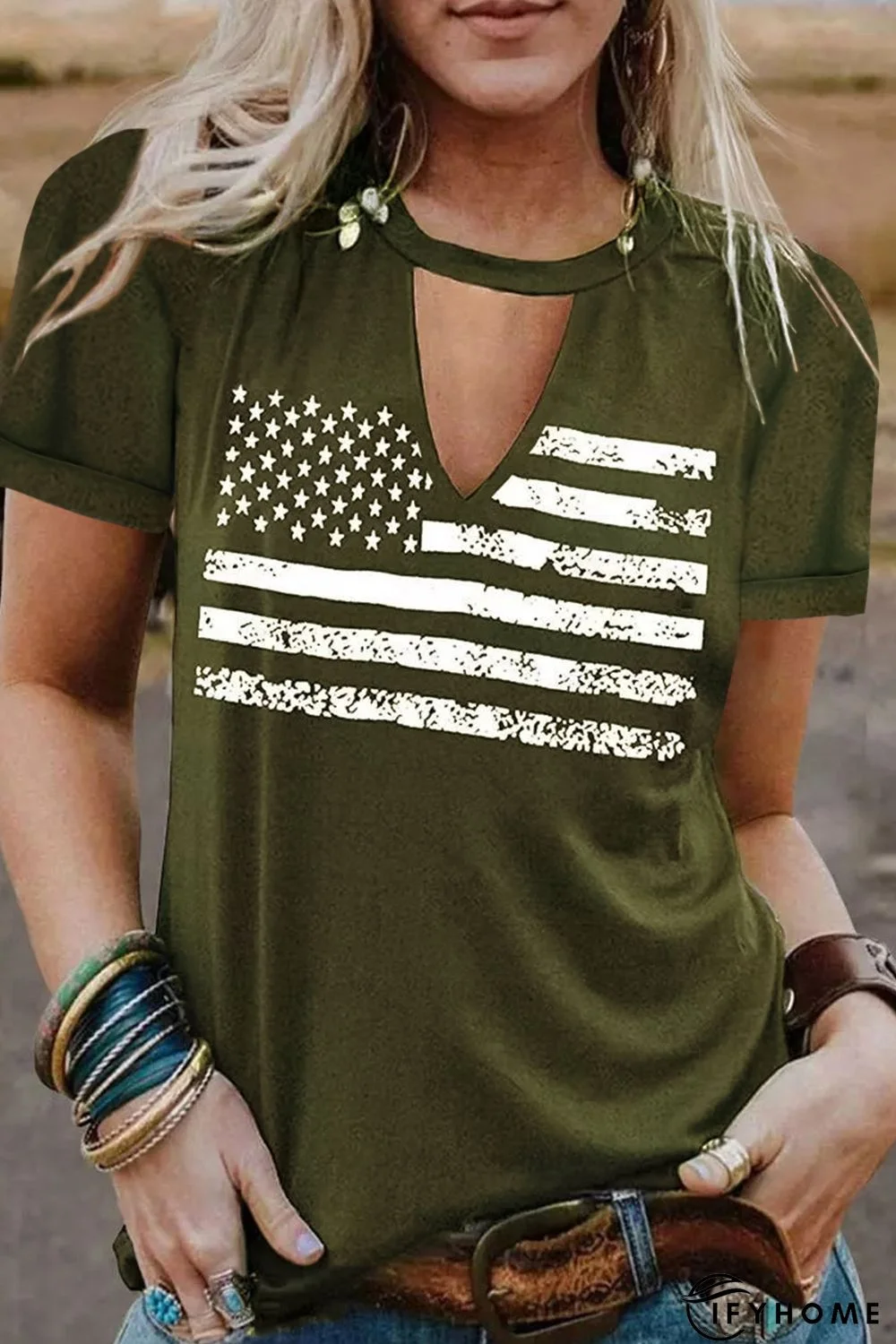 Green American Flag Cut out Graphic Tee | IFYHOME
