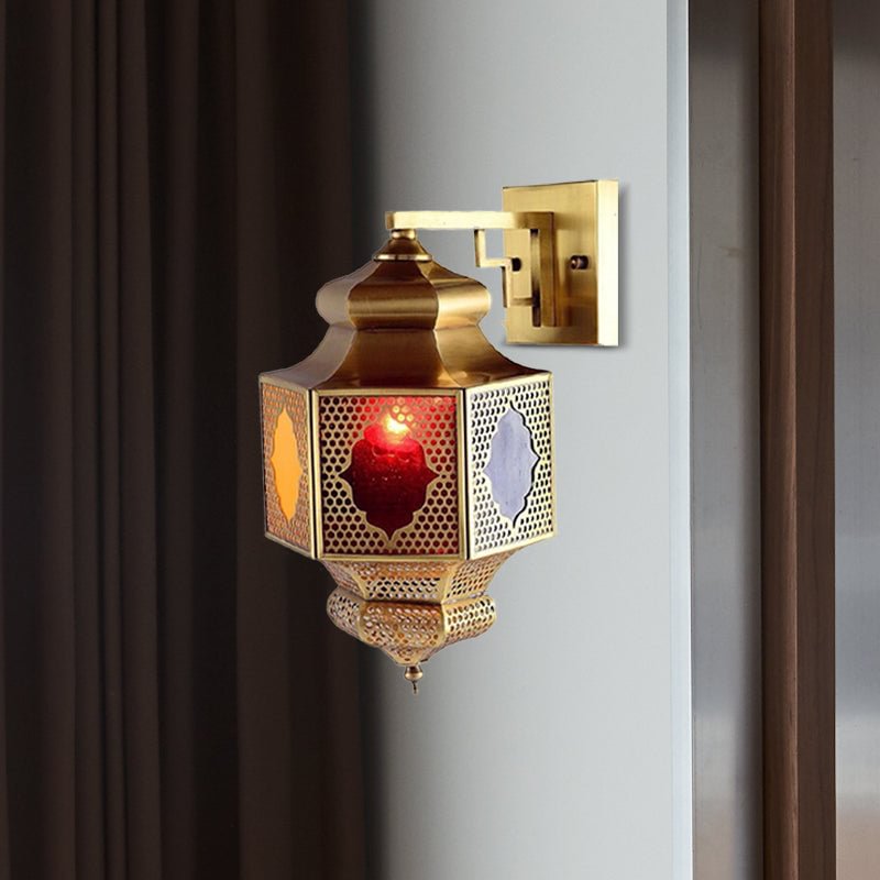 Metal Lantern Sconce Lighting Arab 1-Head Balcony Wall Mounted Ceiling Lamp in Brass
