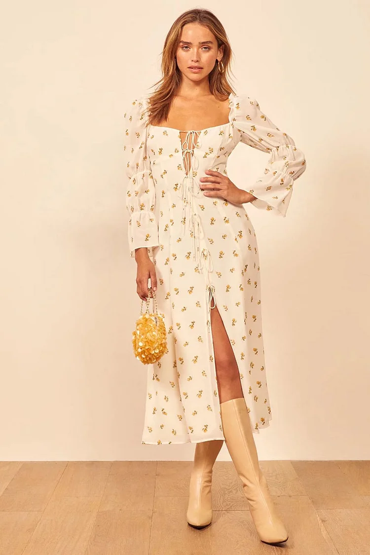 White Long Puffy Pleated Sleeve Irregular Neck Tied Up High Slit Floral Print Vacation Midi Dress