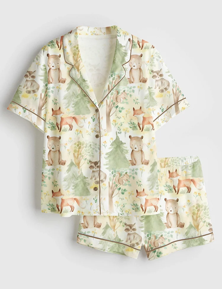 Women&rsquo;s Forest Nursery Nature Woodland Animals Friends Baby Fox, Bear, Squirrel, Raccoon, And Bunny Short Sleeve Satin Pajama Set