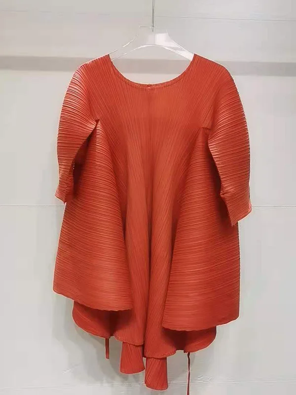 Simple Loose Long Sleeves Tied Pleated Solid Color Round-Neck T-Shirts Tops