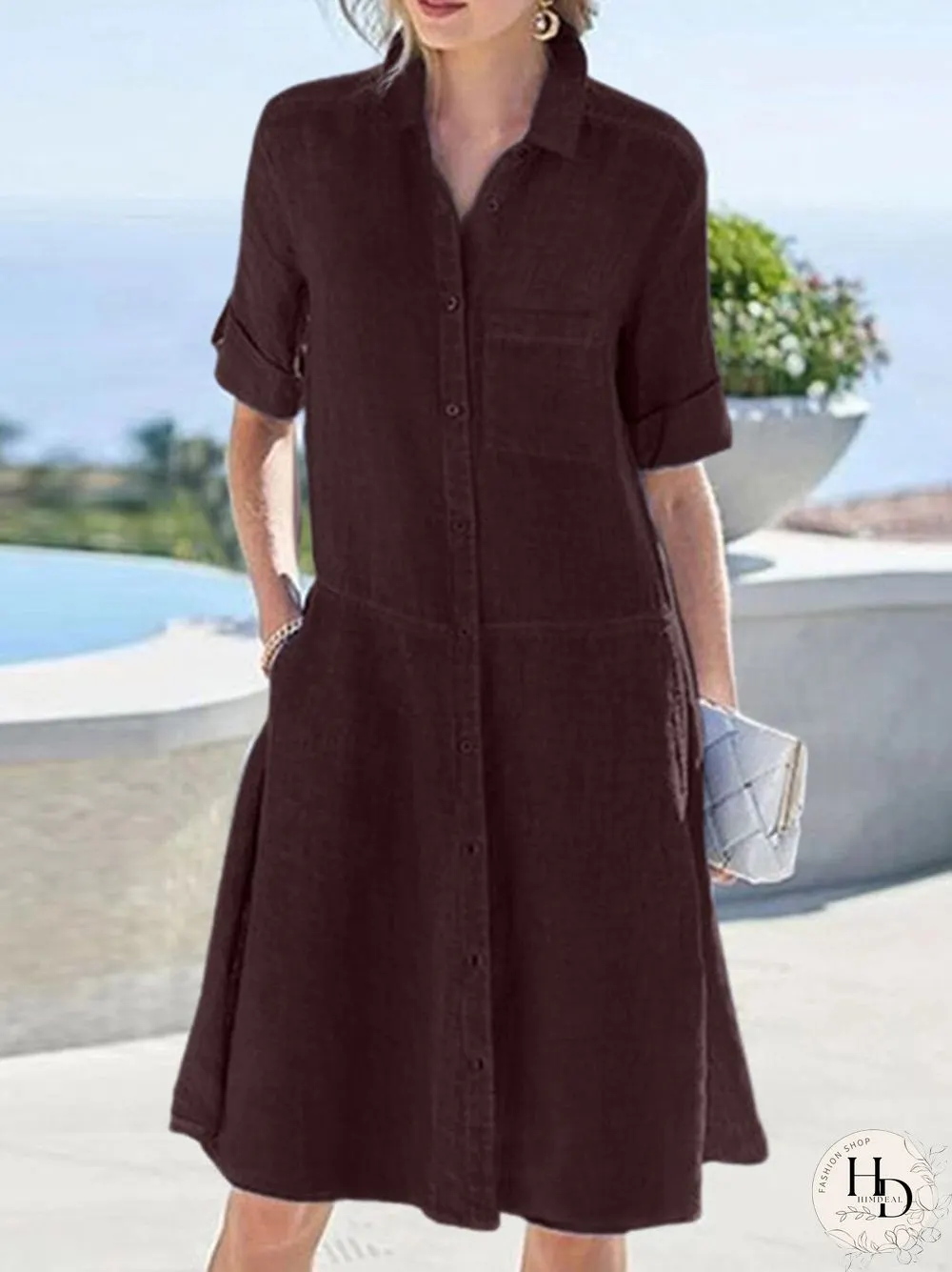 Women Solid Lapel Button Up Shirt Dress With Sleeve Tabs