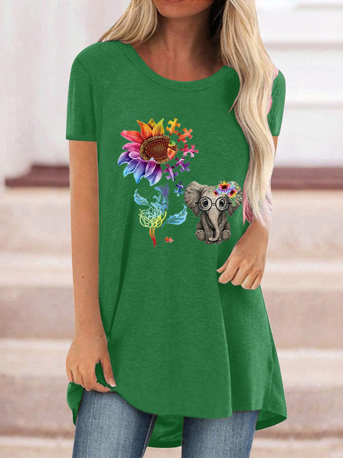 Women Casual Short Sleeve Scoop Neck Floral Printed Tops