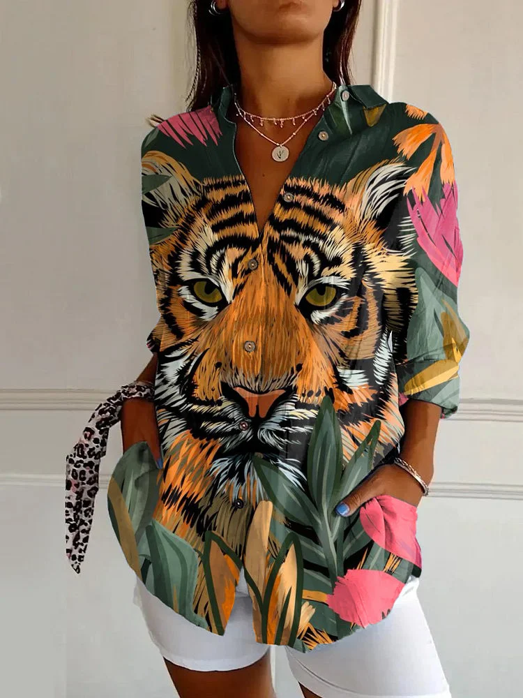 Vintage Jungle Tiger Print Casual Long Sleeve Shirt