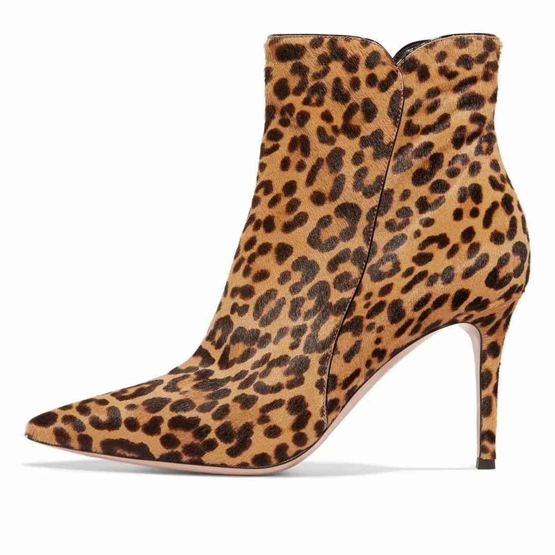 Brown & Black Pointed Toe Leopard Print Side Zipper Short Booties