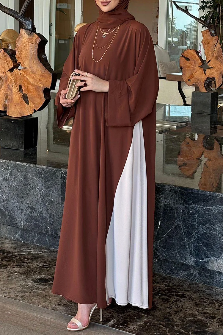 Colorblock Patchwork Long Sleeve Maxi Dresses With Head Scarf [Pre Order]
