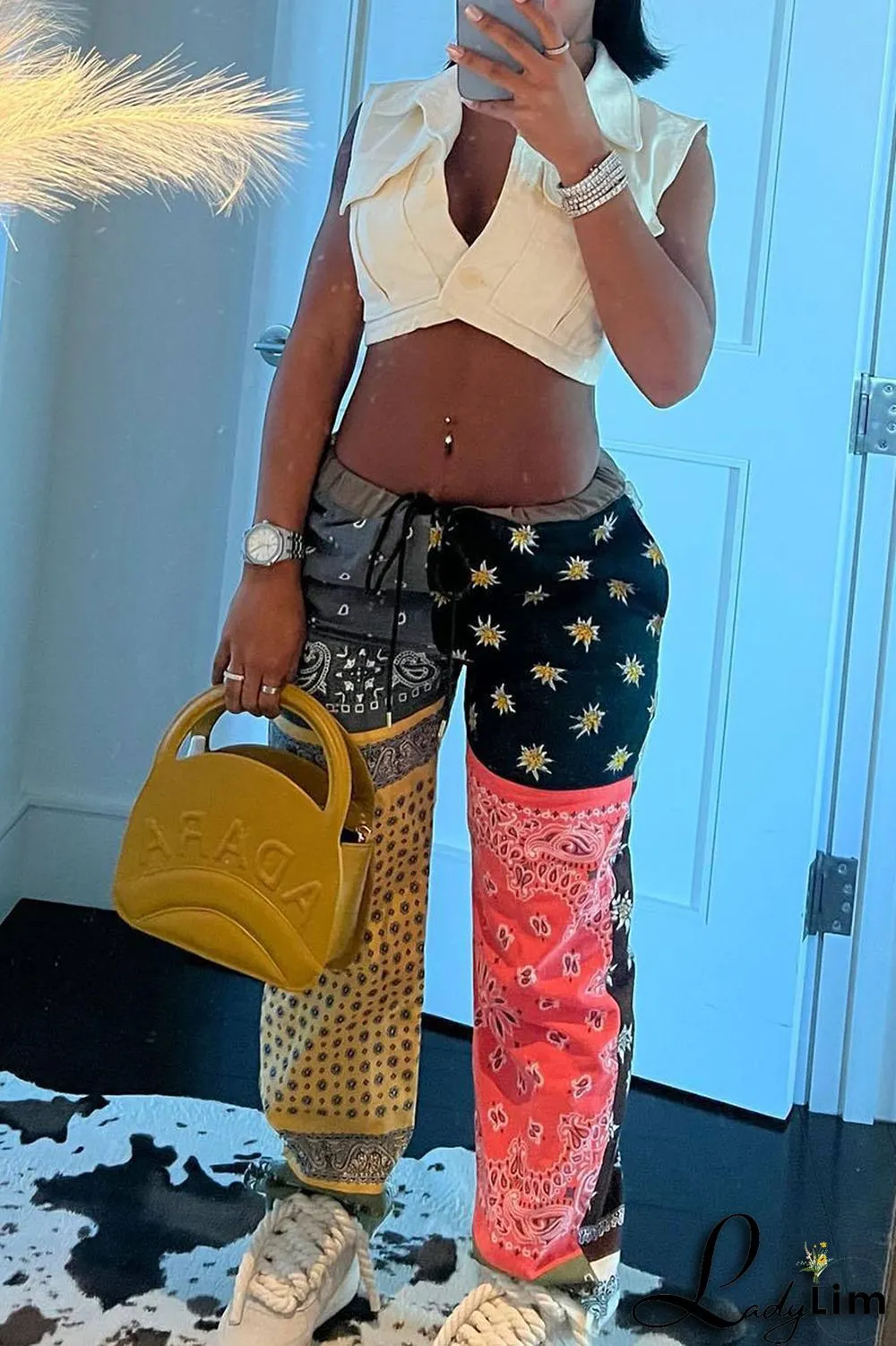 Pink Yellow Casual Print Patchwork High Waist Straight Patchwork Bottoms