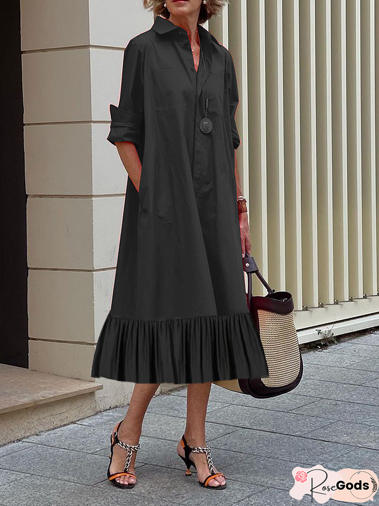 Black Loose Long Sleeve Shirt Collar Plain A-Line Shirt Dress