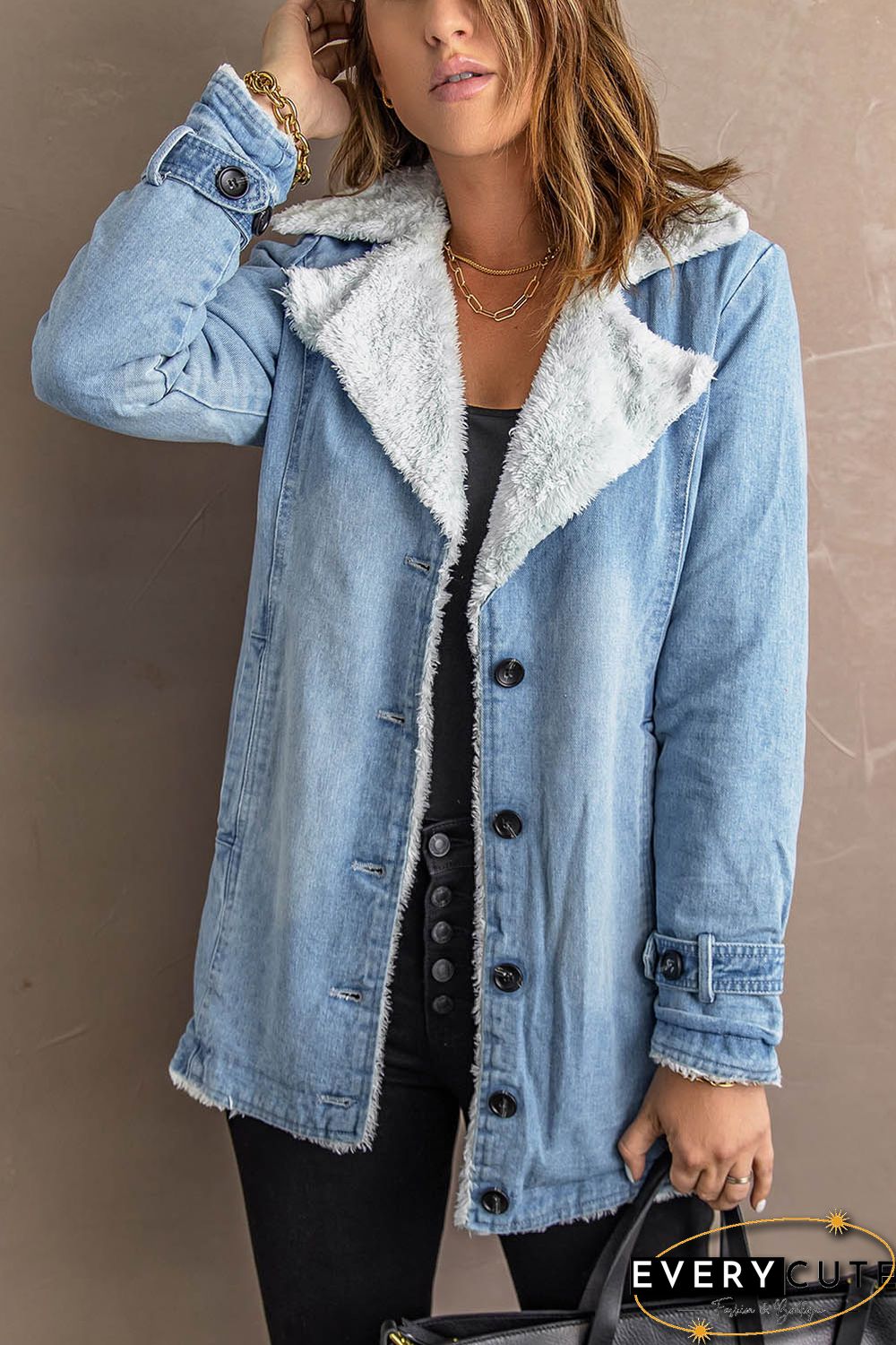 Sky Blue Lapel Collar Button Fleece Jacket