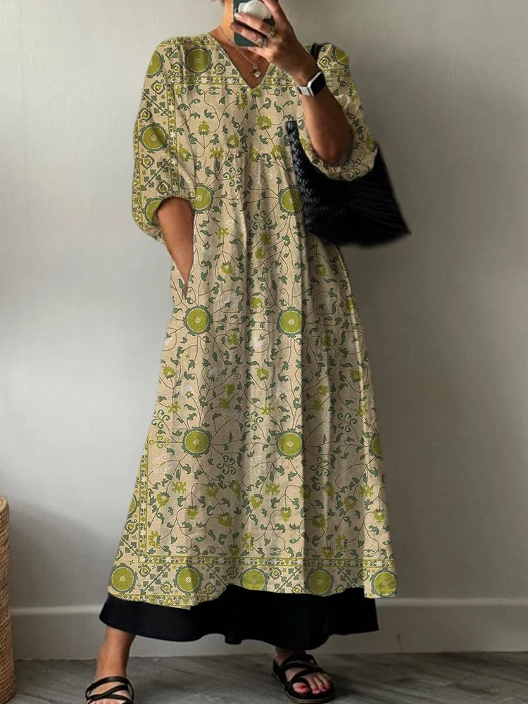 Women's Vintage Floral Print Pocket V-neck Cotton Dress