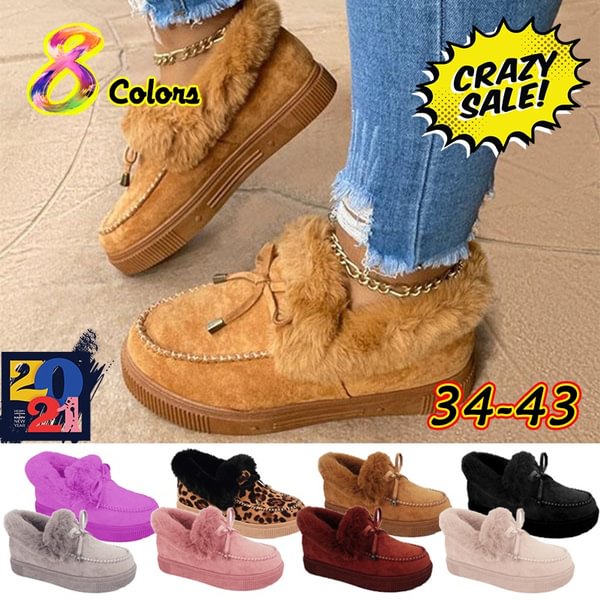 Women's Fashion Comfy Flat Loafers Moccasins Boots Ladies Casual Suede Shoes Cute Soft Fluffy Furry Fur Shoes Slip-on Slides Slippers Anti-Slip Platform Shoes