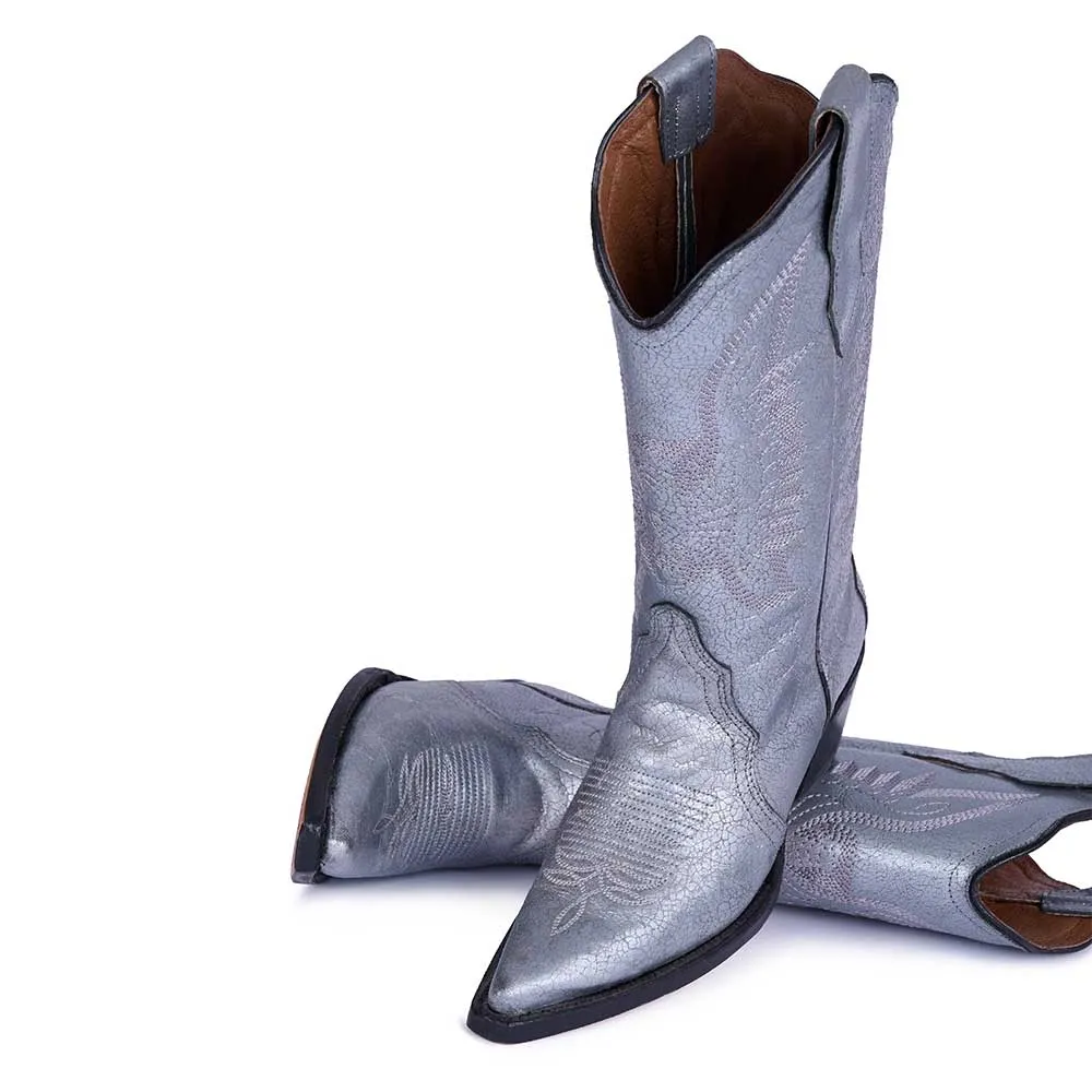 Silver Pointed Toe Embroidered Mid Calf Women's Western Boots