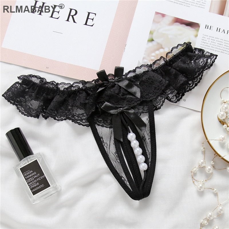 Sexy Women Pearl Crotch Open Lace Thong Slim Transparent Lingerie G-String Solid Color Girl Temptation Massage Underwear Panties 515 711-1