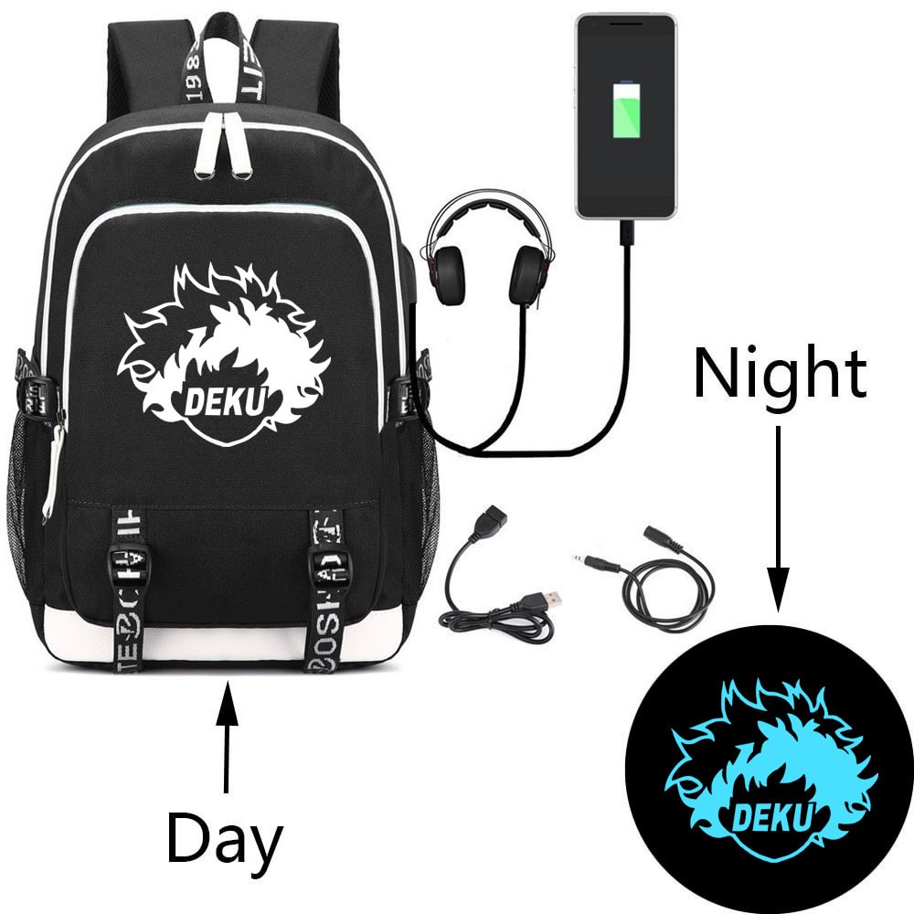 Luminous My Hero College Deku Backpack USB Rechargeable Schoolbag Travel Bag