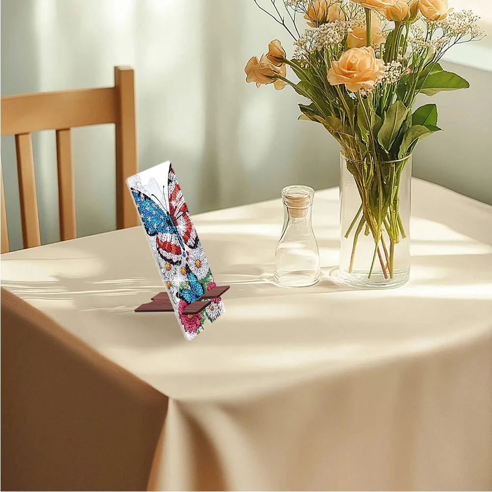 2-Pack Acrylic US Flag Butterfly Skull Diamond Art Phone Stand And Mirror