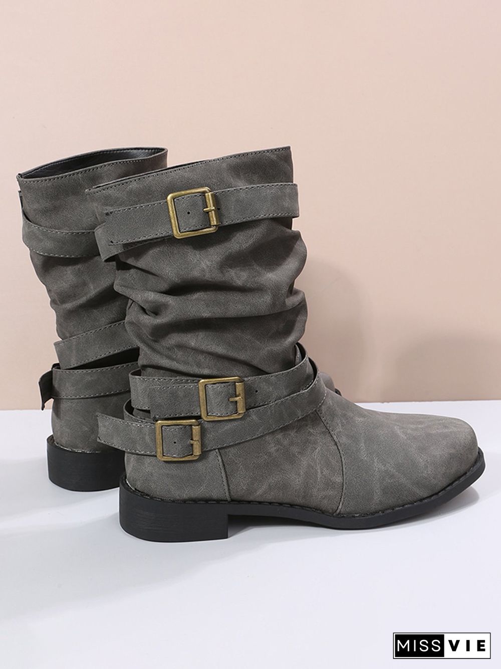Ruched Buckle Casual Leather Booties
