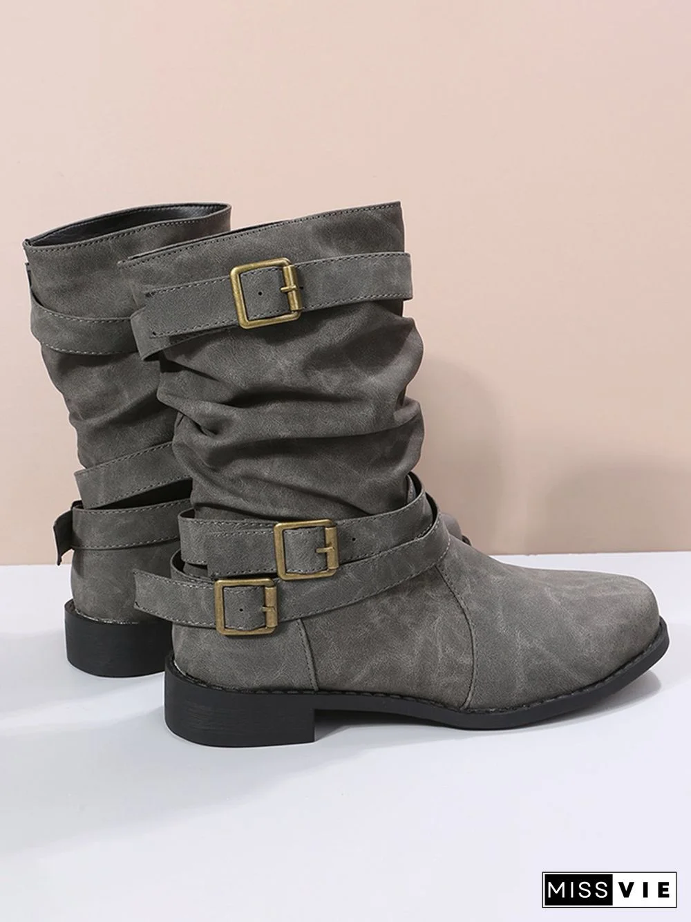 Ruched Buckle Casual Leather Booties