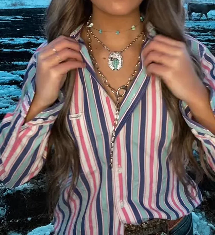 Women's Vintage Striped Button-Up Shirt 145