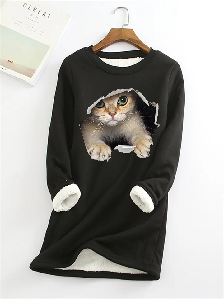 Women's Sweatshirt Pullover Sherpa Fleece Teddy Black Yellow Pink Cat Street Round Neck Long Sleeve Fleece