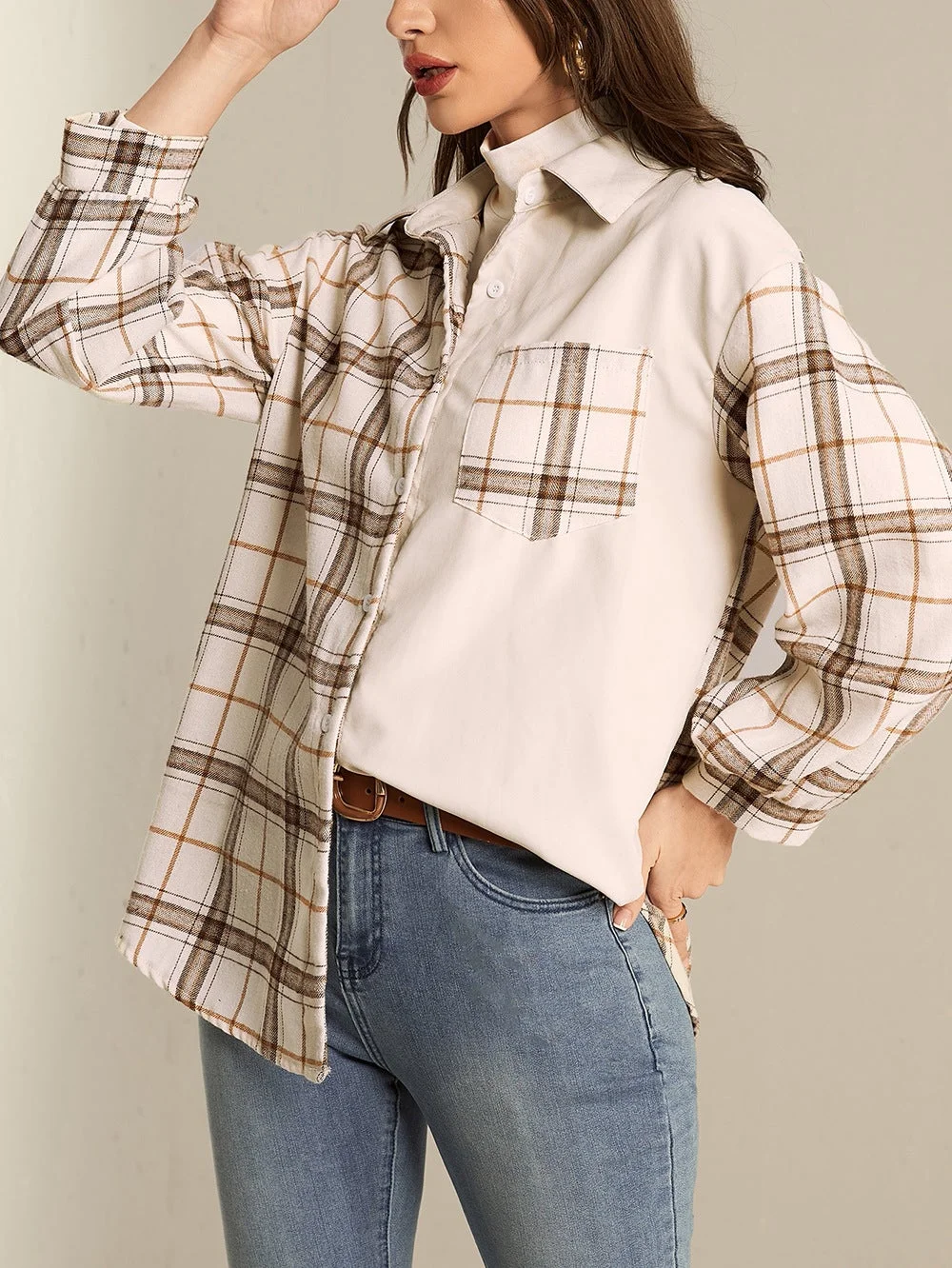 Women Colorblock Cardigan Plaid Women's Shirt Jacket