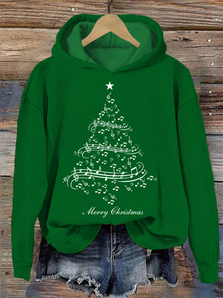 Merry Christmas Notes Christmas Tree Print Casual Cozy Hoodie wearshes