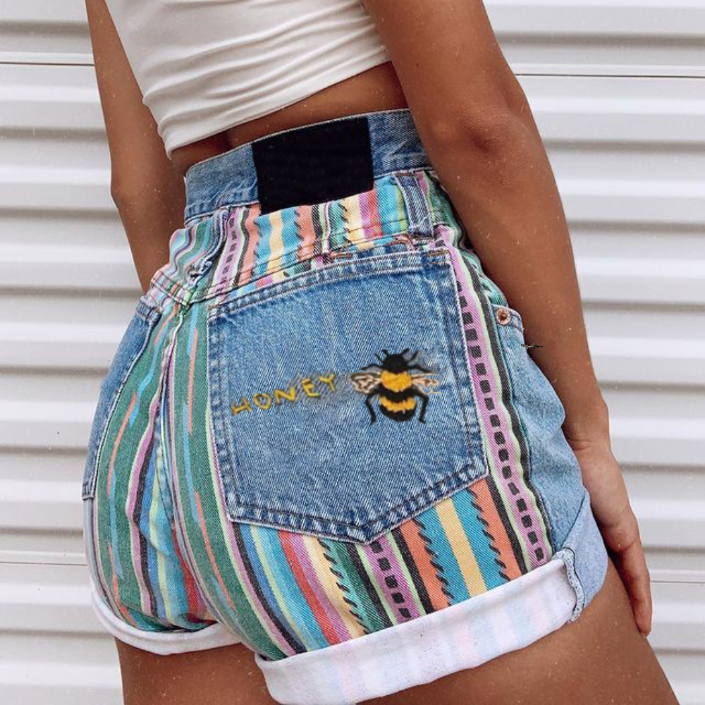Fashion Color Striped Stitching Denim Shorts / [blueesa] /