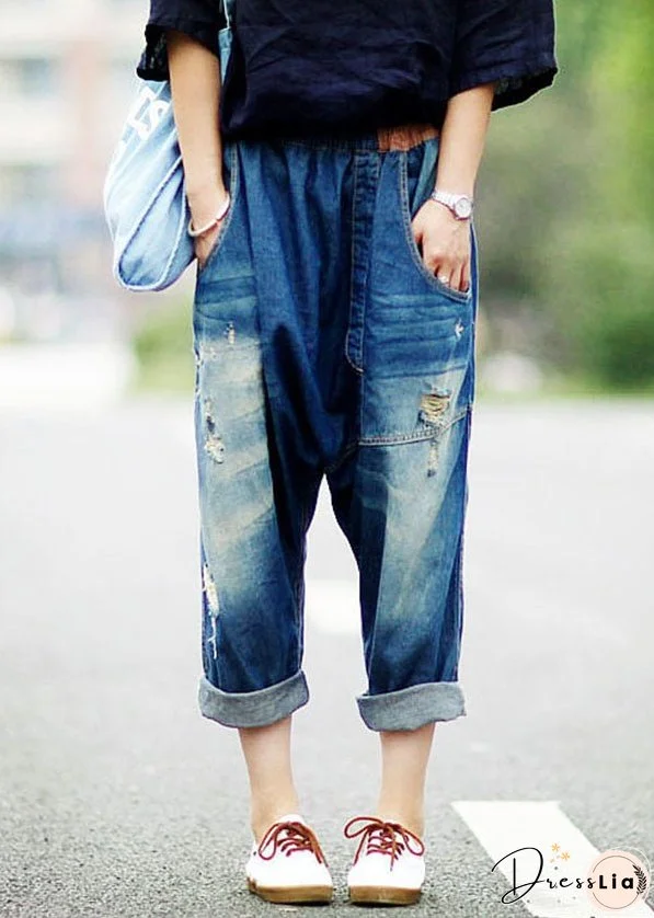 Navy Pockets Patchwork Ripped Jeans Pants Spring