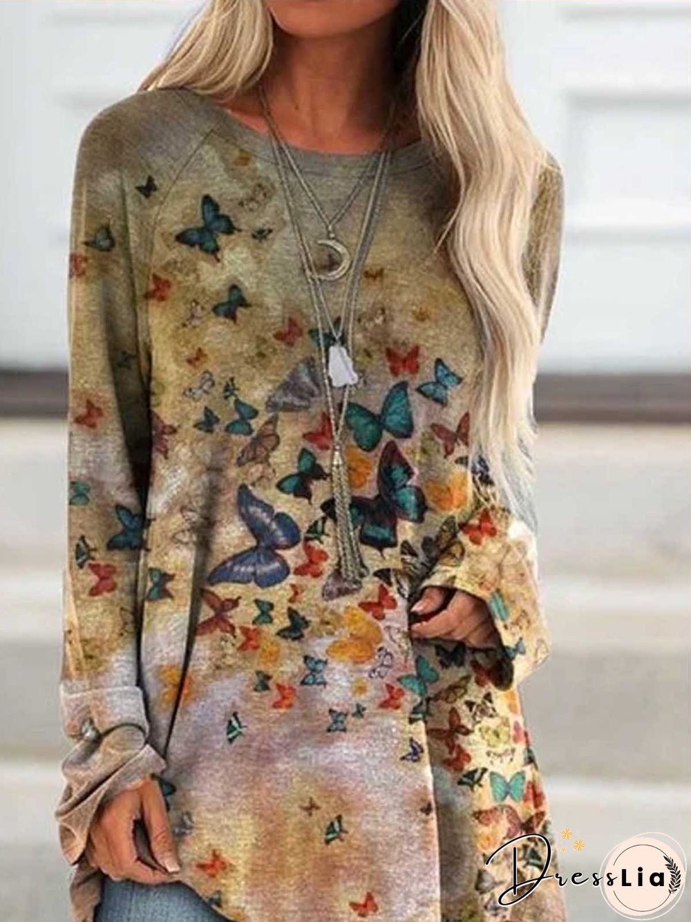 Women Deep Khaki Casual Butterfly Printed Long Sleeve Shirts